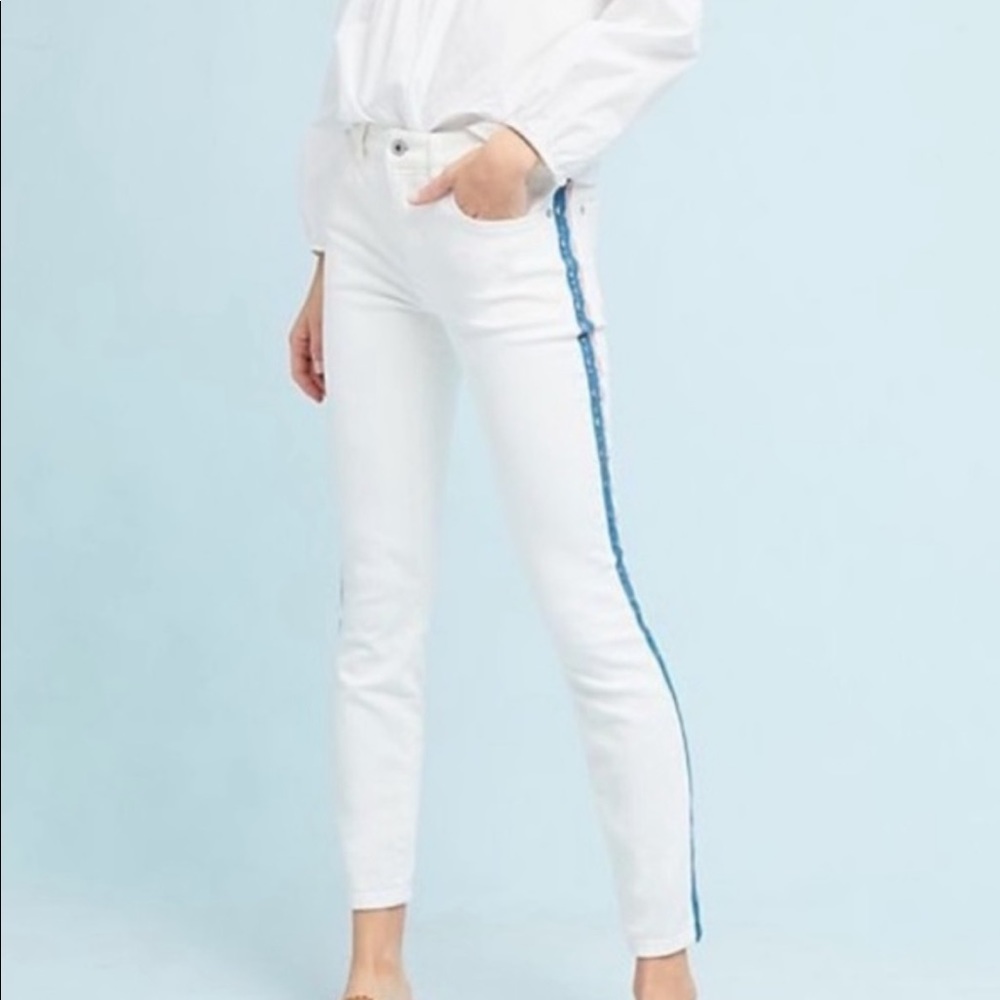 White High Rise stretch Skinny with Pink and Blue Side detail
